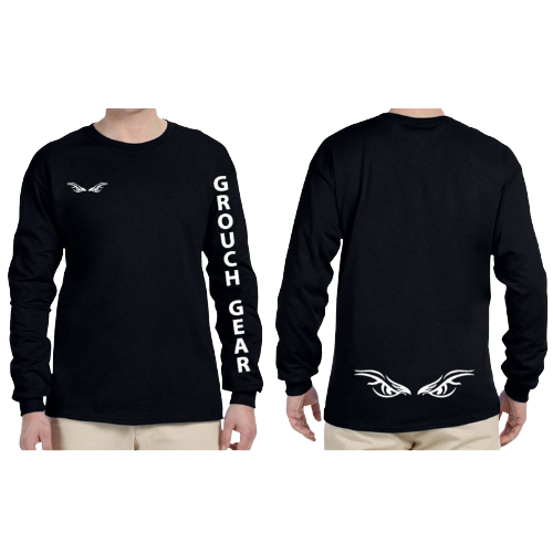 black long sleeve shirt with white writing